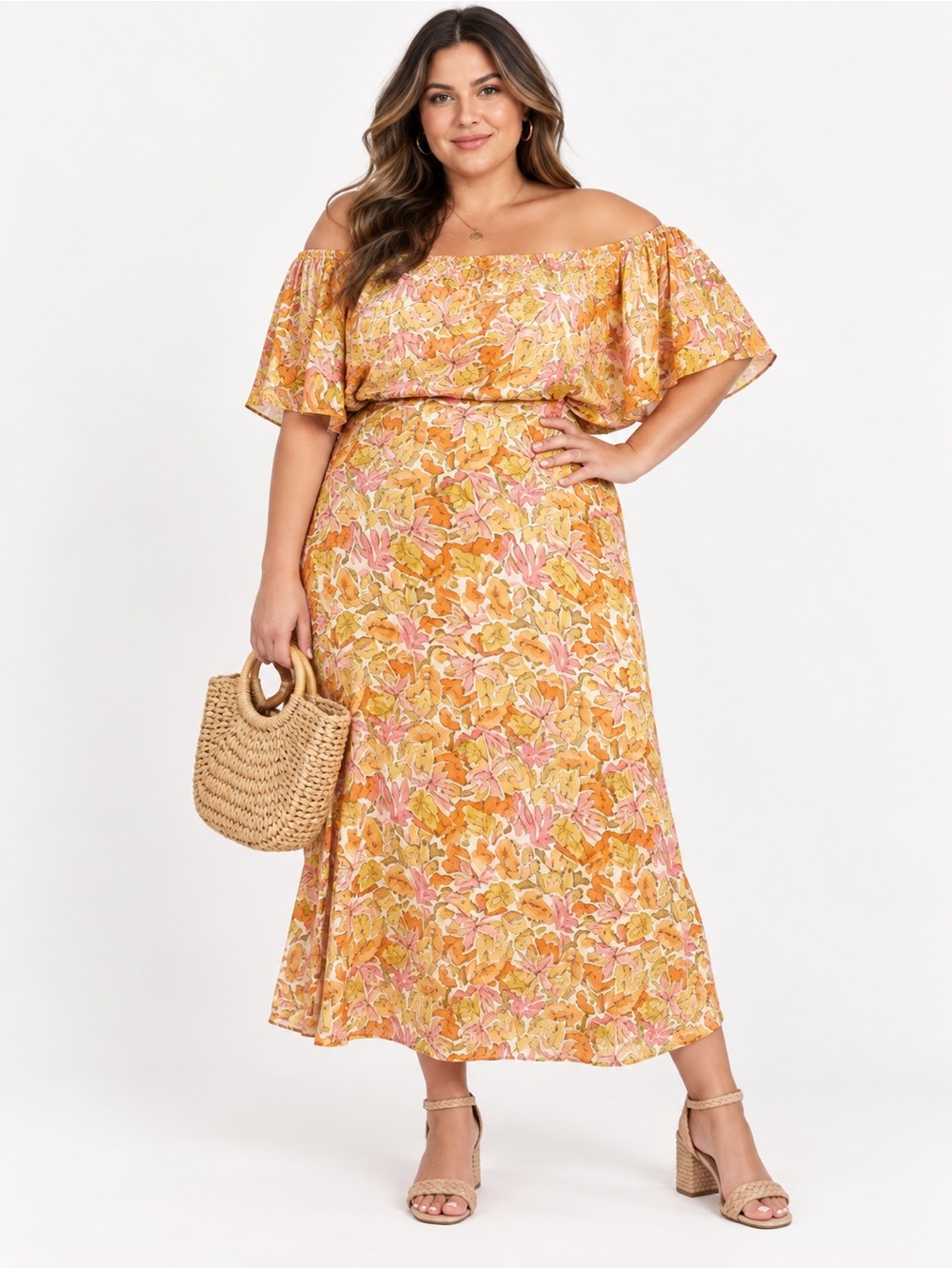 Vince Camuto Plus 3X Orange Floral Midi Harvest Silky Midi Skirt Waist NWT